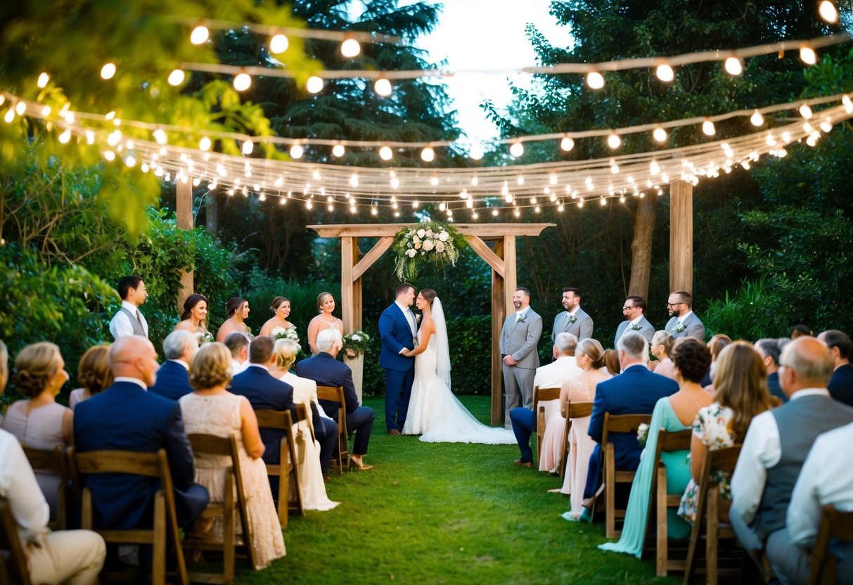 A cozy outdoor garden wedding with string lights, a rustic wooden arch, and intimate seating for 55 guests