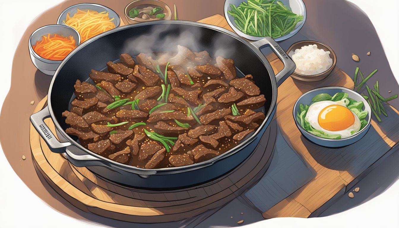 A sizzling skillet of Korean beef bulgogi being reheated over a stovetop, emitting savory aromas