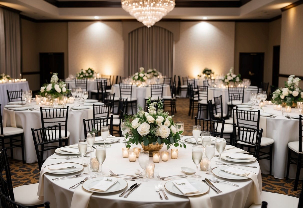 A wedding reception venue with tables set for 40 guests, adorned with elegant place settings and floral centerpieces