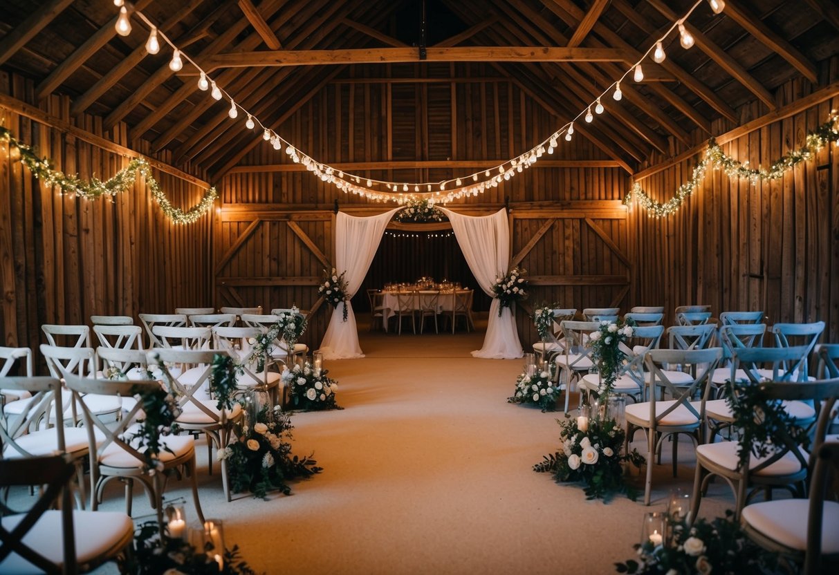 A cozy, rustic barn adorned with fairy lights and floral decorations, set up for an intimate wedding with seating for 40 guests