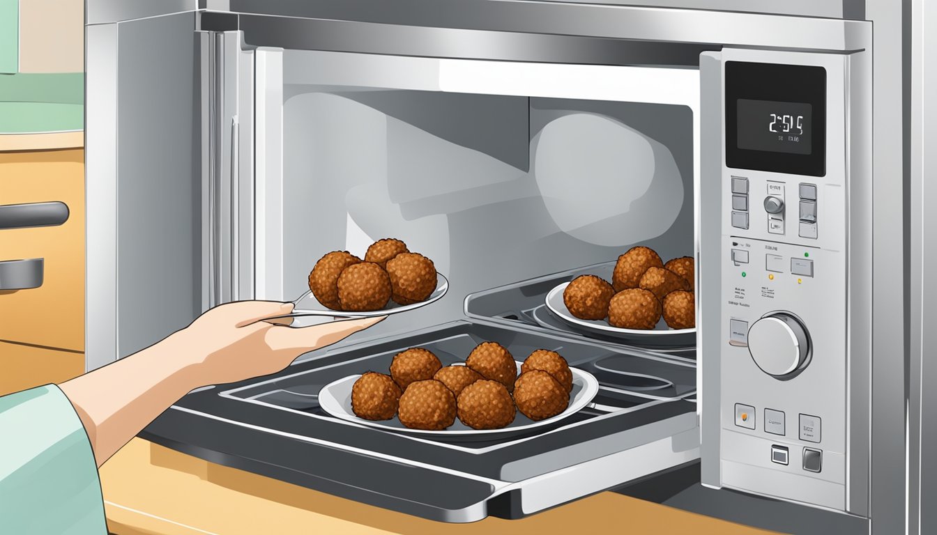 A plate of lamb kofta meatballs being placed in the microwave