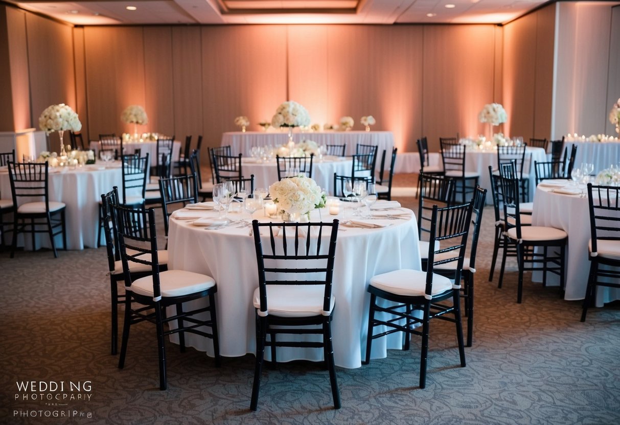 A partially filled wedding reception with empty chairs and tables