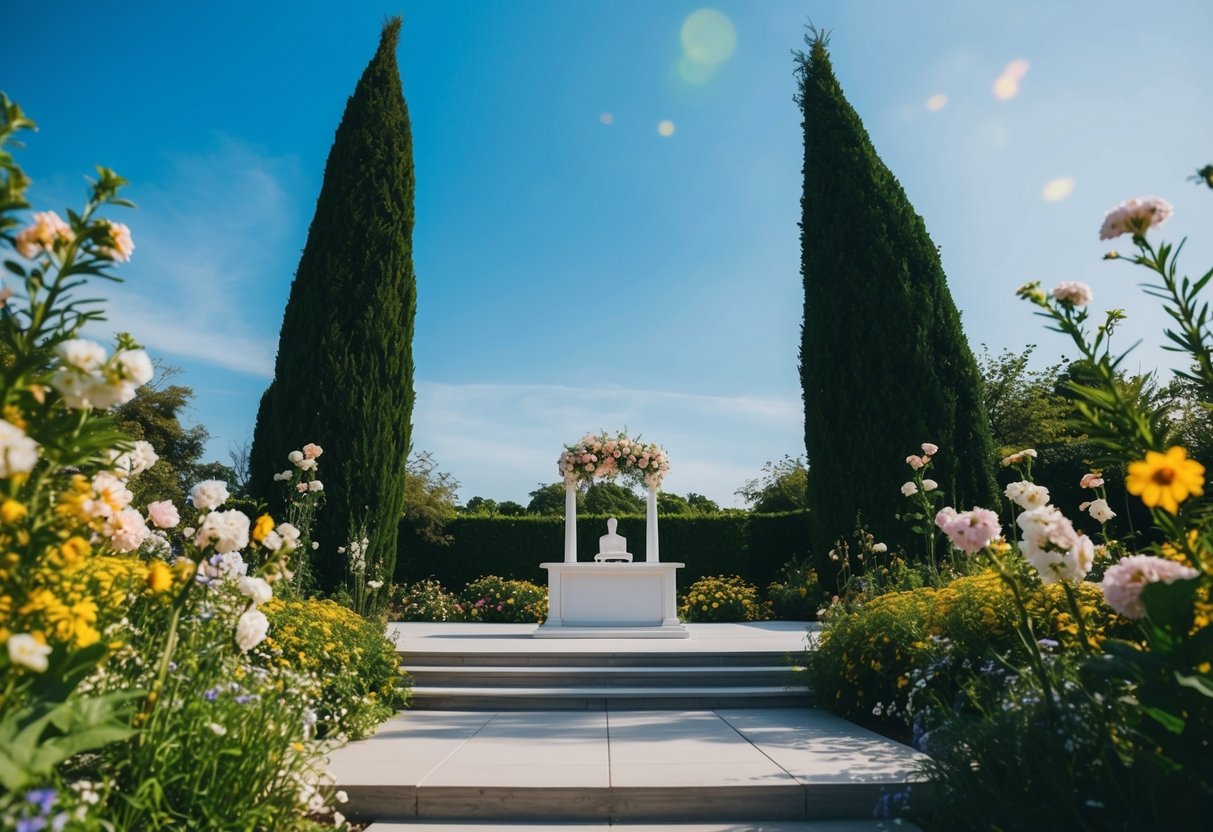 A serene outdoor setting with an empty altar, surrounded by blooming flowers and lush greenery, under a clear blue sky