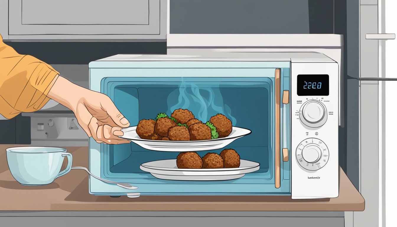 A person using a microwave to reheat lamb kofta meatballs on a microwave-safe plate with a cover