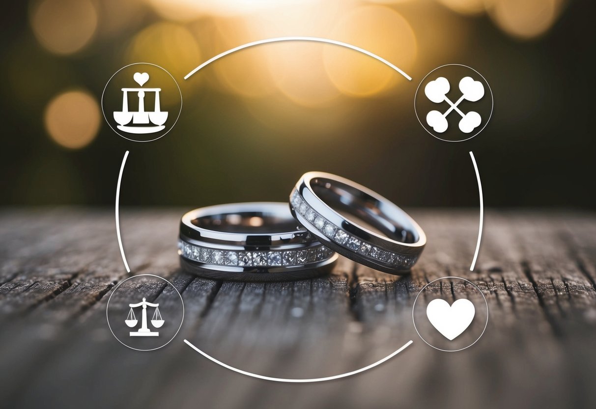 A pair of intertwined wedding rings, surrounded by four symbolic elements representing trust, communication, respect, and love