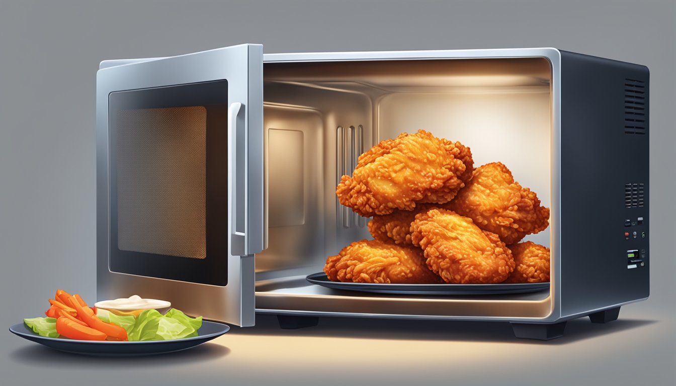 A plate of Korean fried chicken being reheated in a microwave