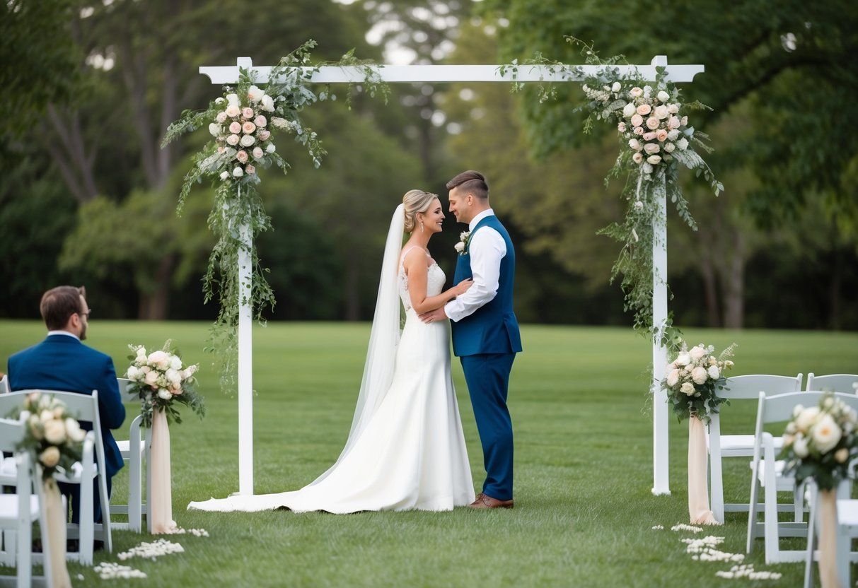A serene outdoor wedding ceremony with no spoken words, featuring a couple standing under a simple archway adorned with flowers