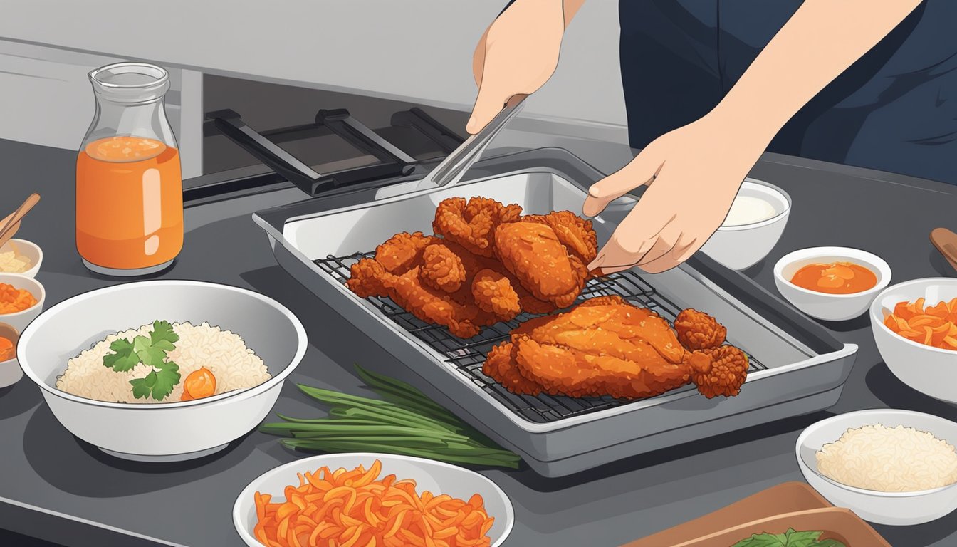 A plate of Korean fried chicken being placed in the oven next to a bowl of rice and a side of kimchi