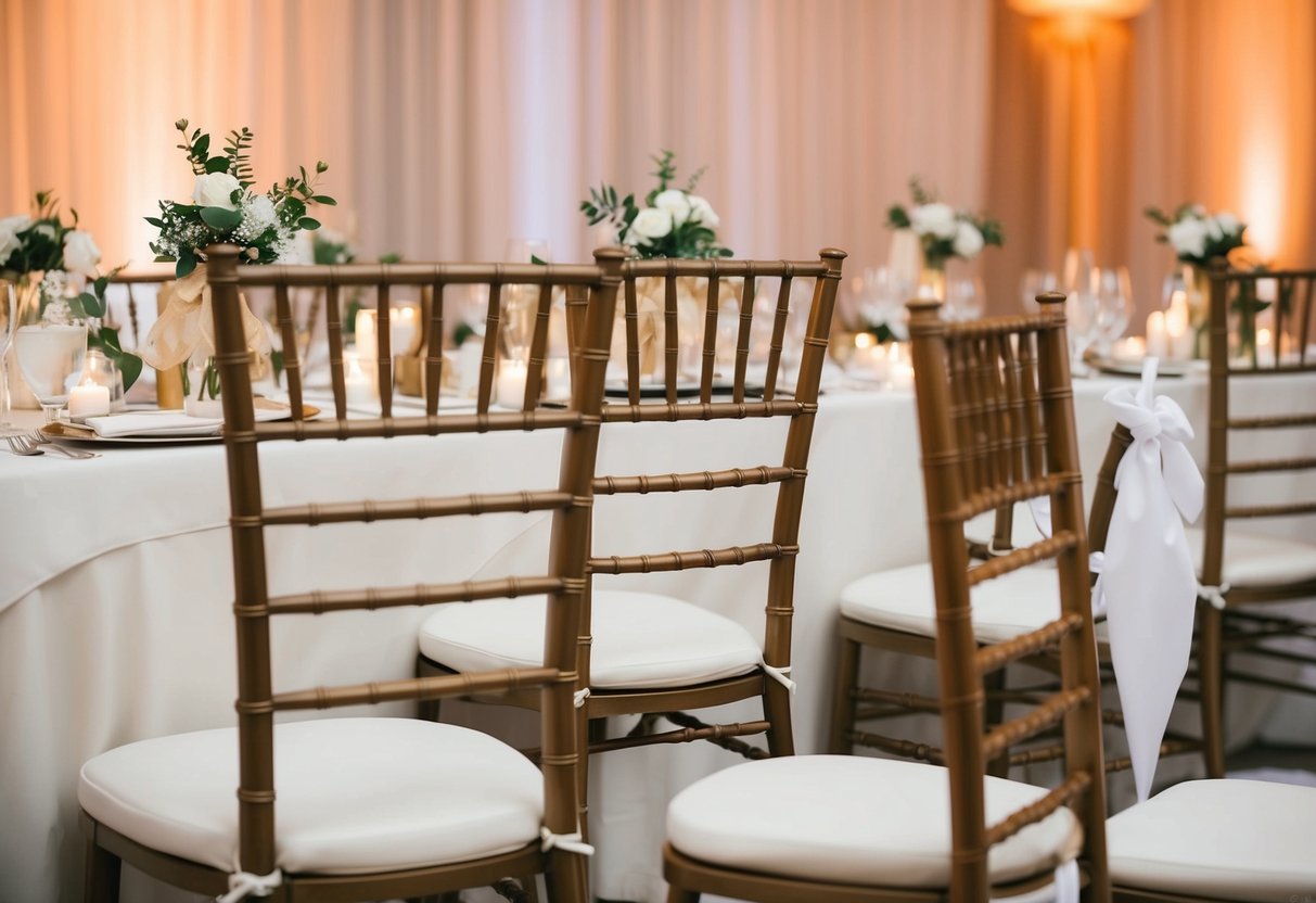 Empty chairs at wedding reception with place settings and decorations