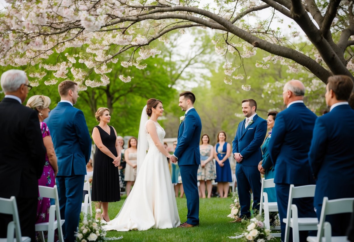 A couple stands facing each other under a blooming tree, surrounded by hushed onlookers. The bride and groom exchange vows in silence, their love speaking louder than words