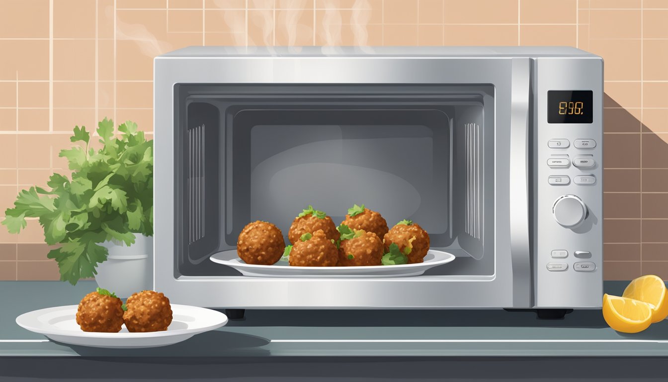 A microwave with a plate of lamb kofta meatballs inside, steam rising from the hot food