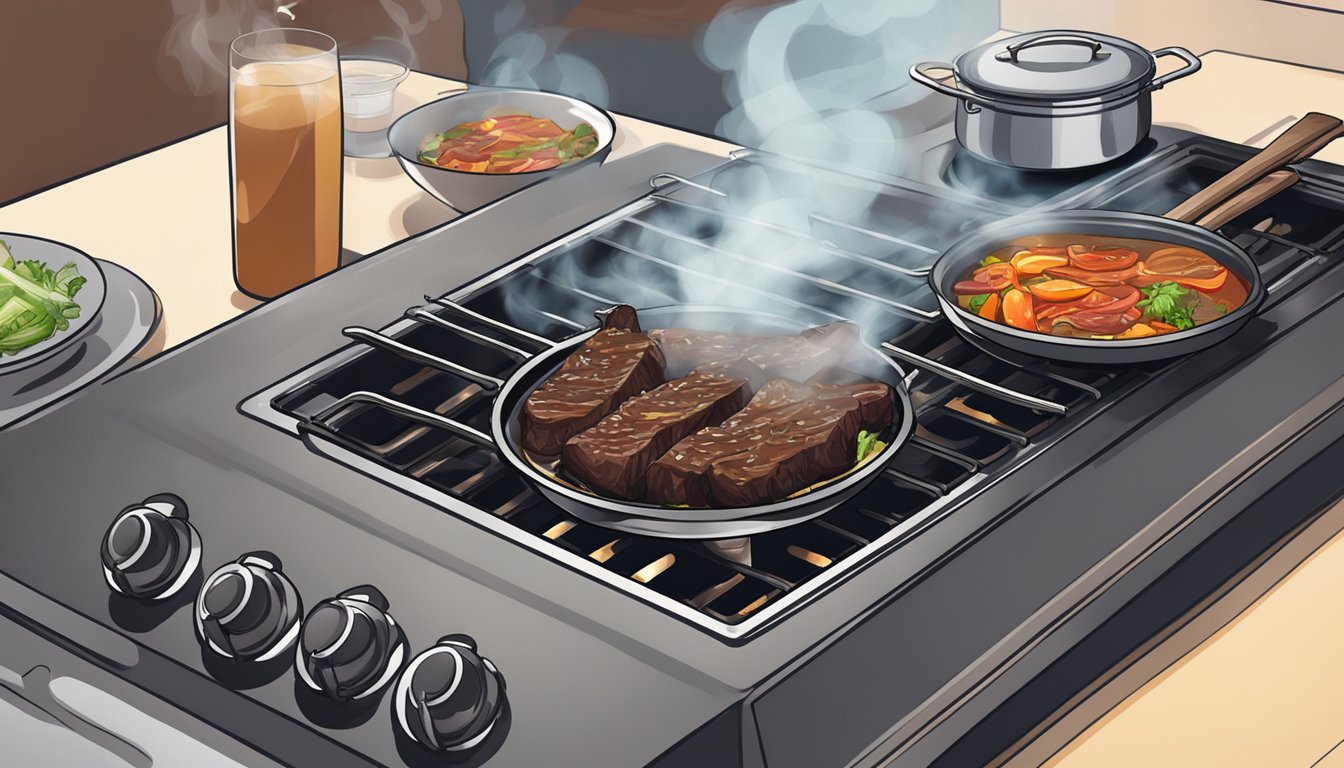 A stovetop with a pan sizzling with Korean BBQ short ribs being reheated, steam rising from the sizzling meat