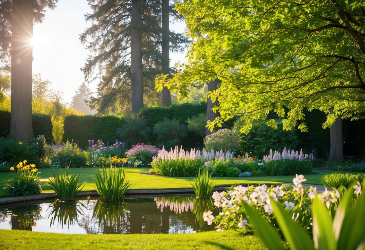 A serene garden with blooming flowers and a peaceful pond, surrounded by tall trees and soft sunlight filtering through the leaves