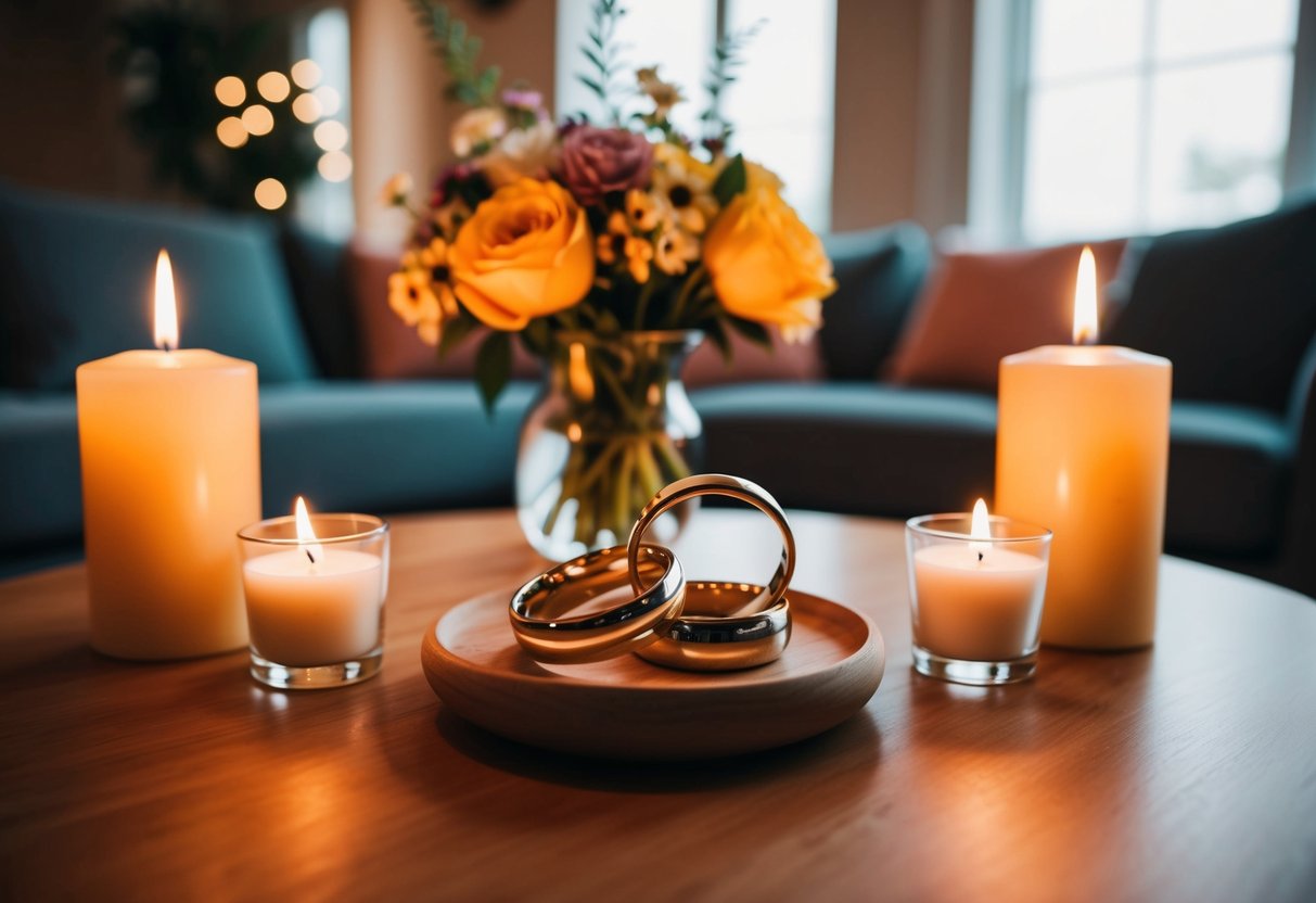 A cozy living room with two intertwined wedding rings on a table, surrounded by candles and a vase of flowers, symbolizing the 4 golden rules of marriage: love, communication, respect, and compromise