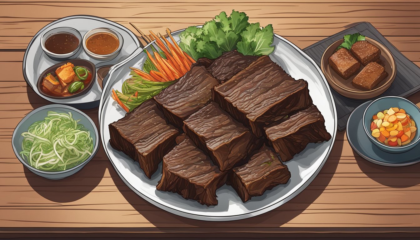 A plate of Korean BBQ short ribs with steaming side dishes on a wooden table