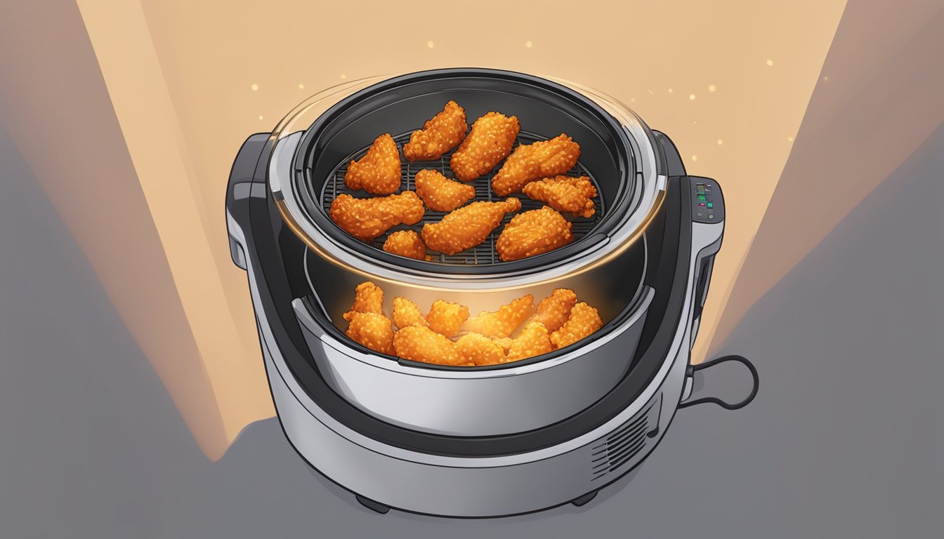 Korean fried chicken being reheated in an air fryer, steam rising from the crispy pieces as they sizzle and turn golden brown