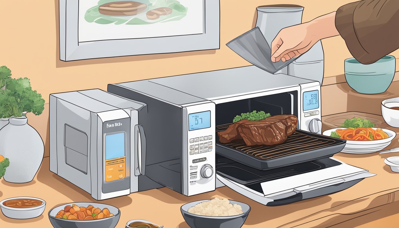 A person placing Korean BBQ short ribs in a microwave-safe dish with a cover, setting the timer, and heating the dish in the microwave