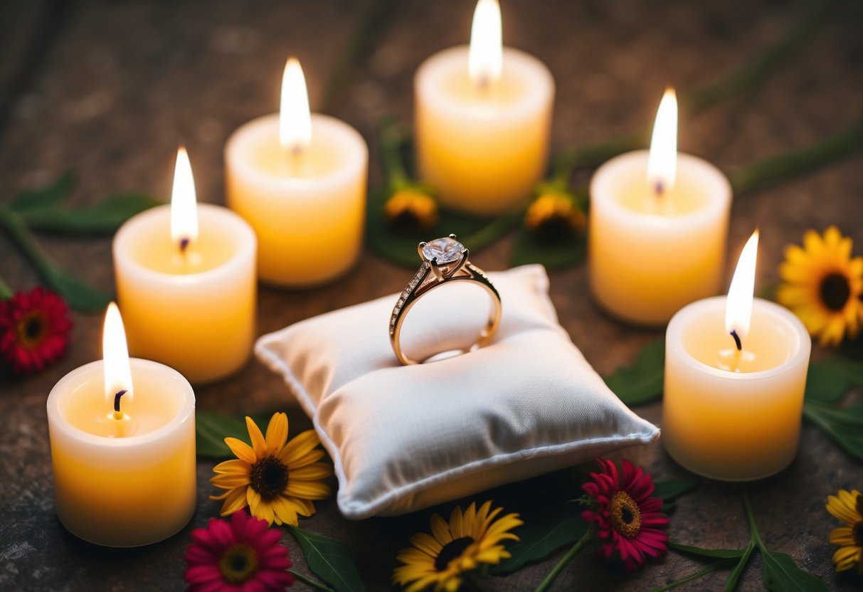 A wedding ring on a pillow, surrounded by seven candles and seven flowers