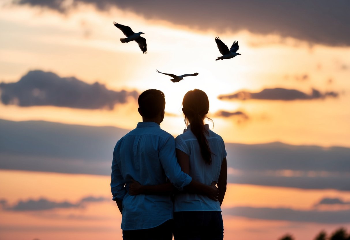 A couple standing side by side, facing a sunset with three birds flying in the sky