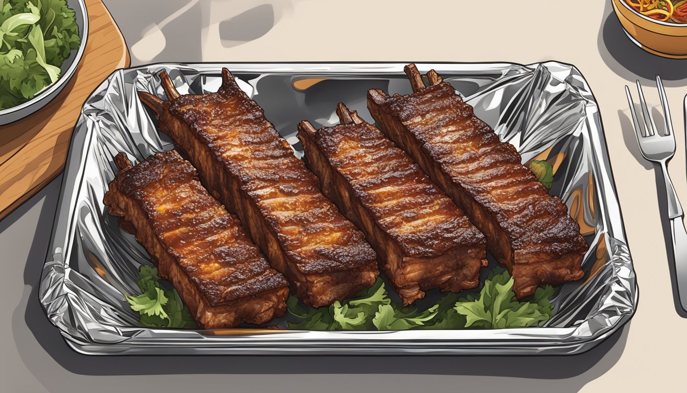 A plate of leftover Korean BBQ ribs wrapped in foil, placed in the oven for reheating