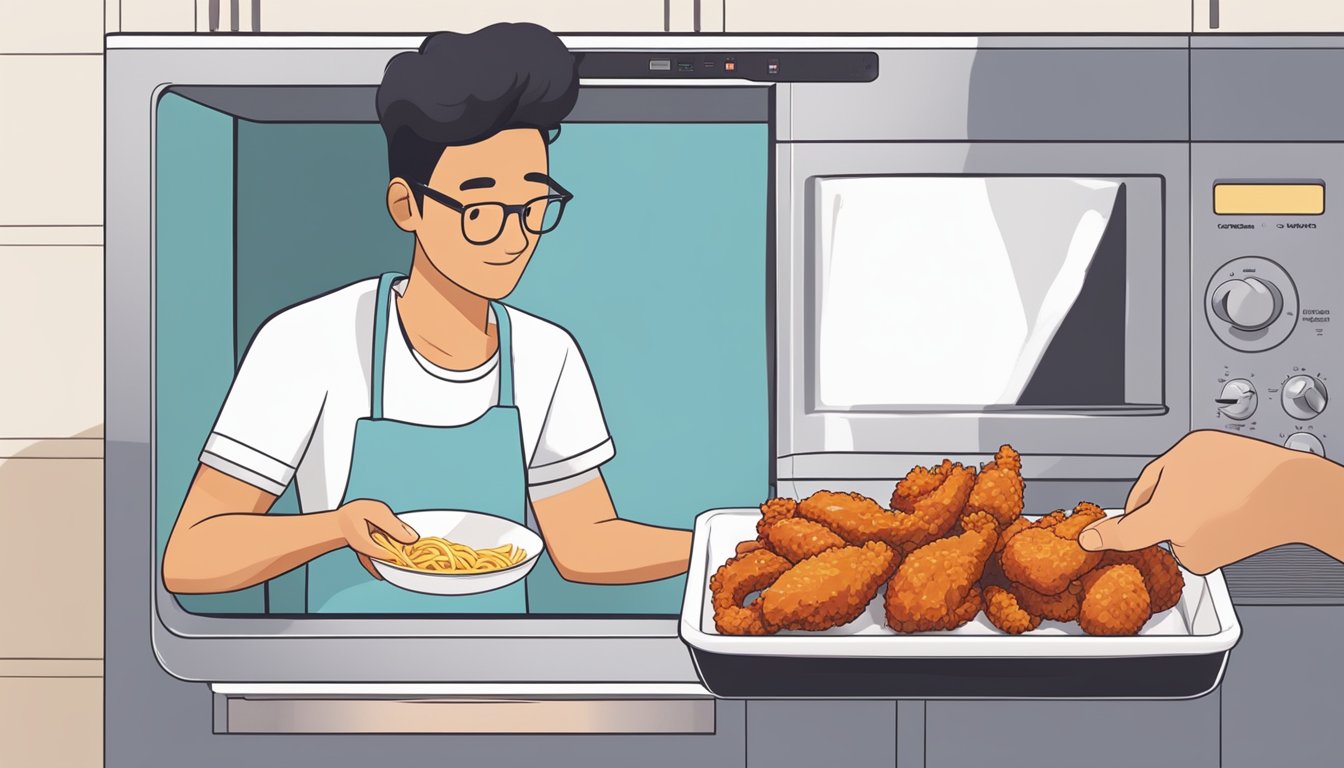 A person placing Korean fried chicken in a microwave-safe dish, covering it with a paper towel, and reheating it in the microwave