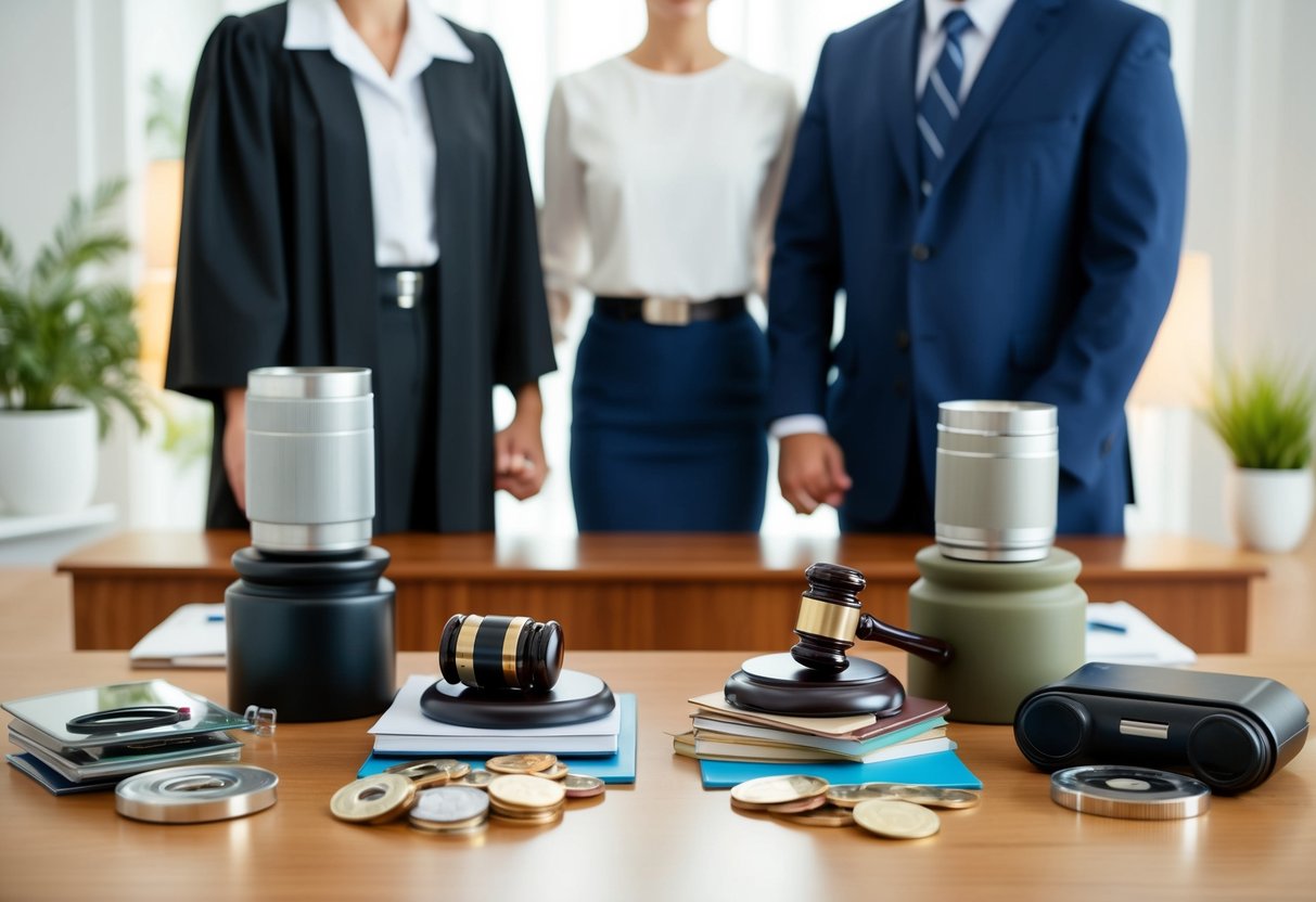 A couple standing in front of a judge, with various assets and belongings divided in half between them