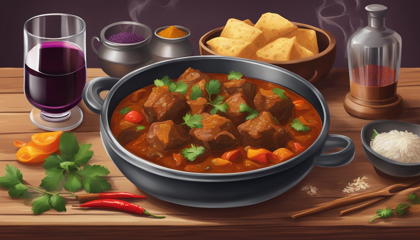 A steaming bowl of lamb rogan josh sits on a rustic wooden table, surrounded by vibrant spices and a glass of red wine