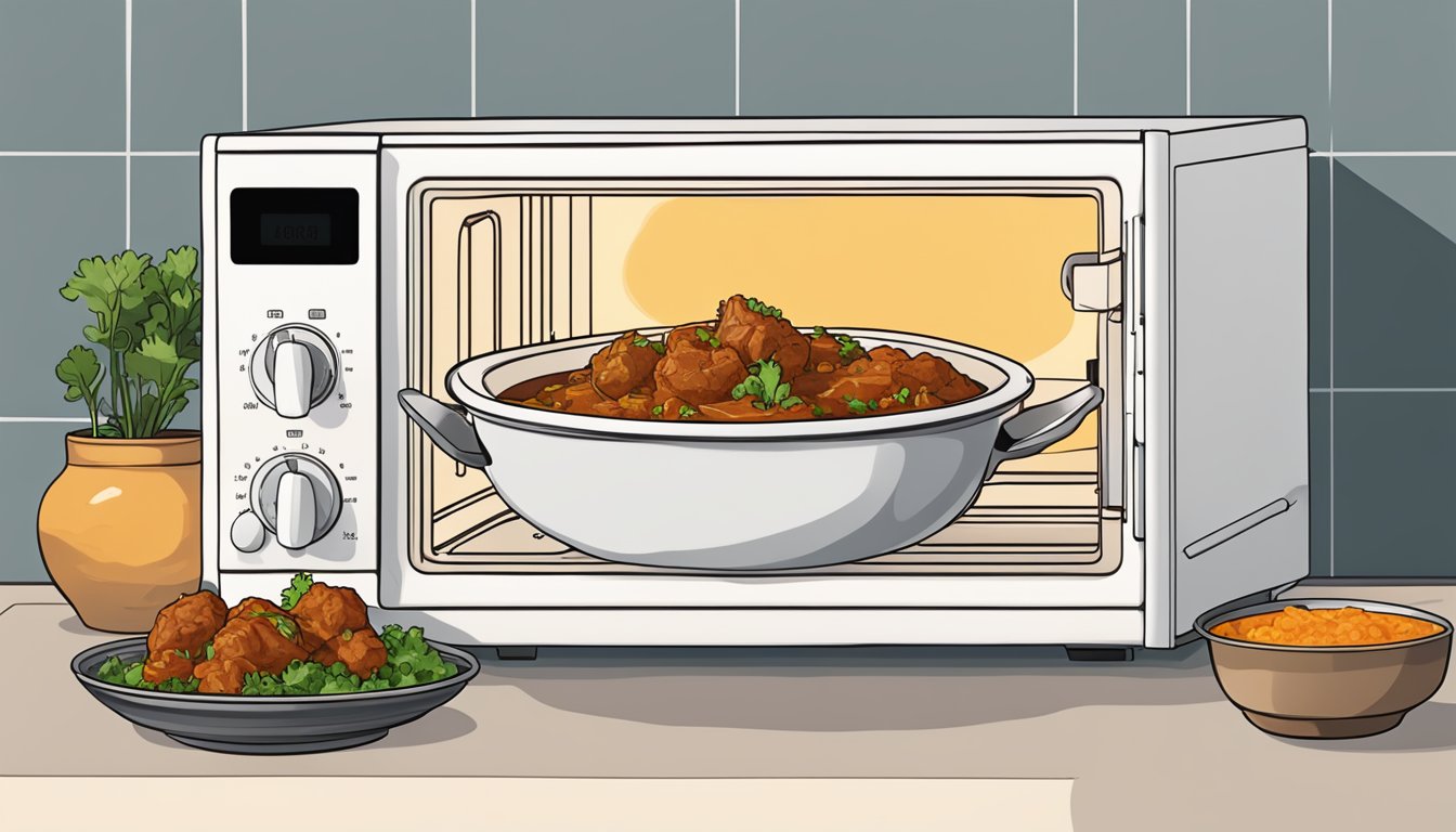 A steaming bowl of lamb rogan josh being reheated in a microwave