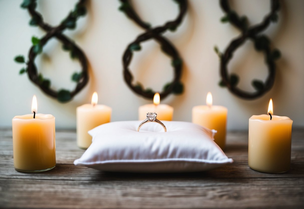 A wedding ring placed on a pillow, flanked by three candles on each side, with a backdrop of three intertwined vines