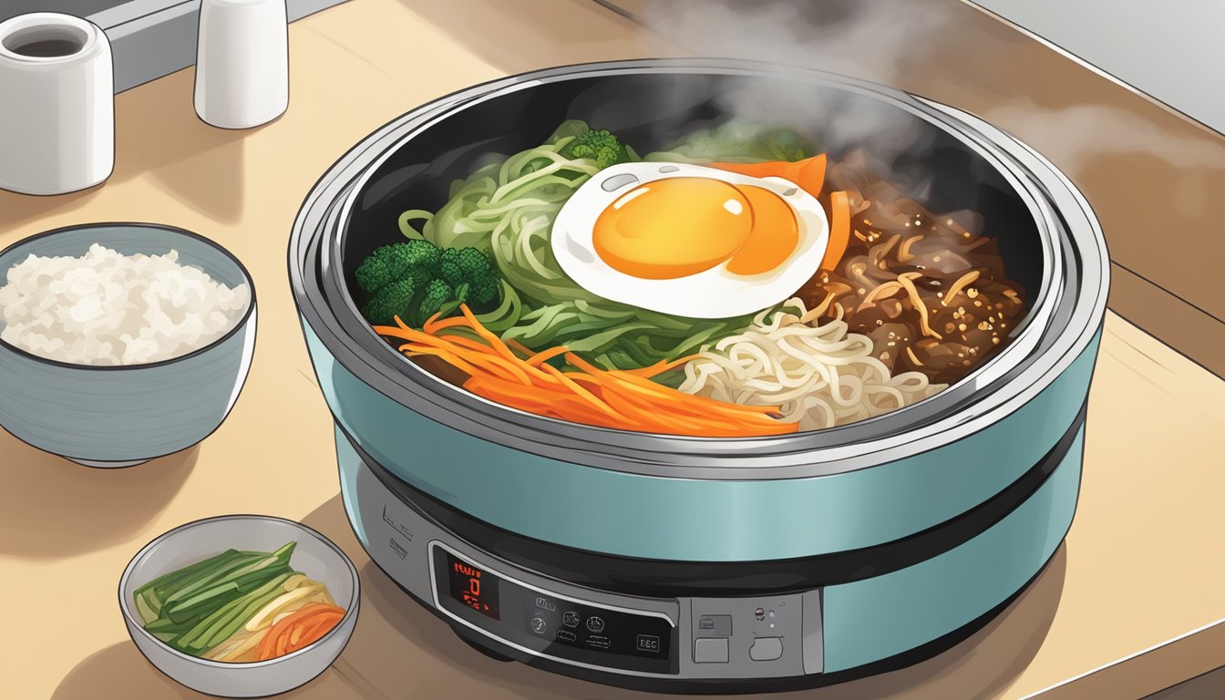 A steaming bowl of bibimbap being reheated in a microwave