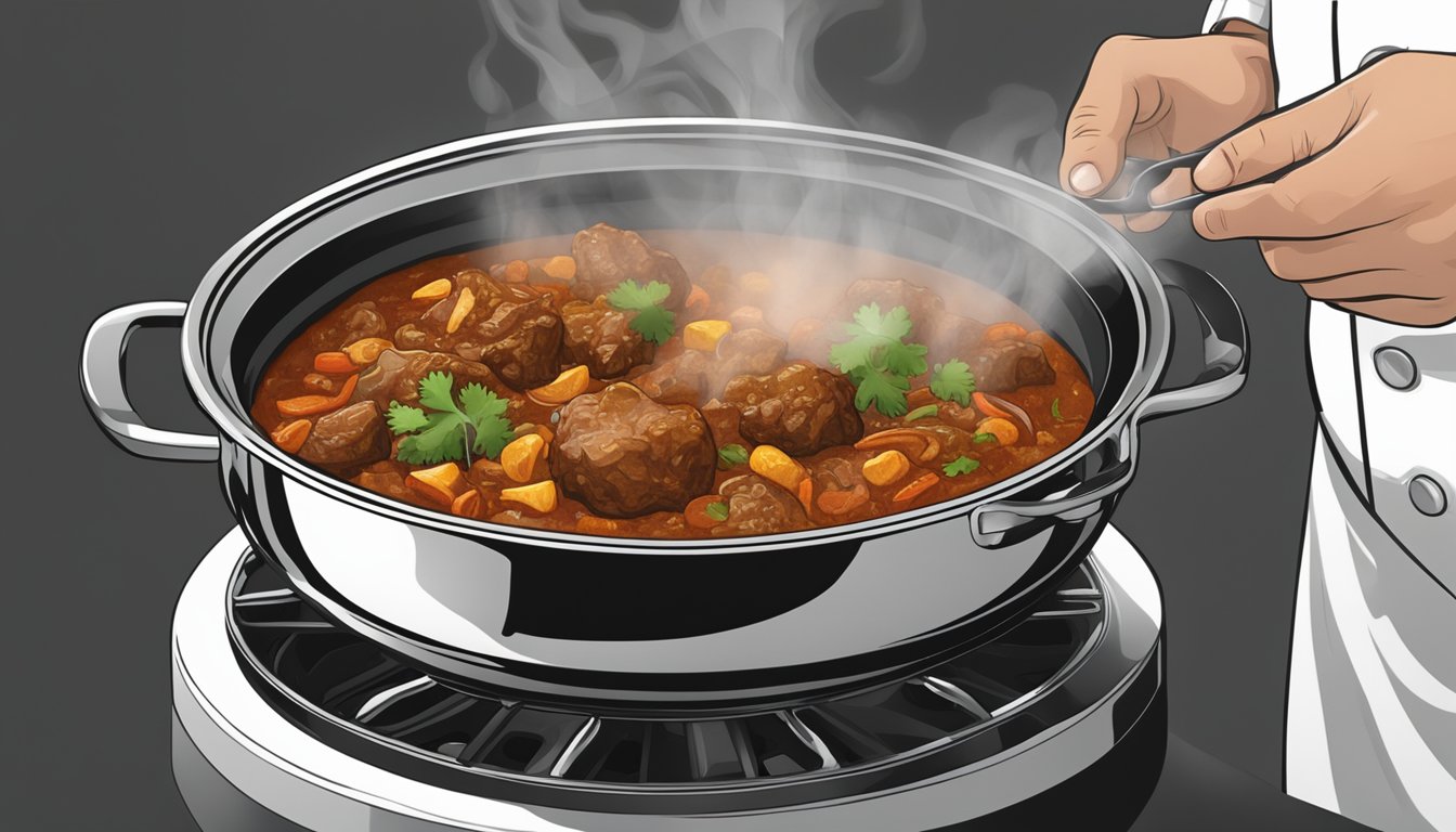 A steaming pot of lamb rogan josh being gently reheated on a stovetop, emitting fragrant aromas with a chef's hand adjusting the heat