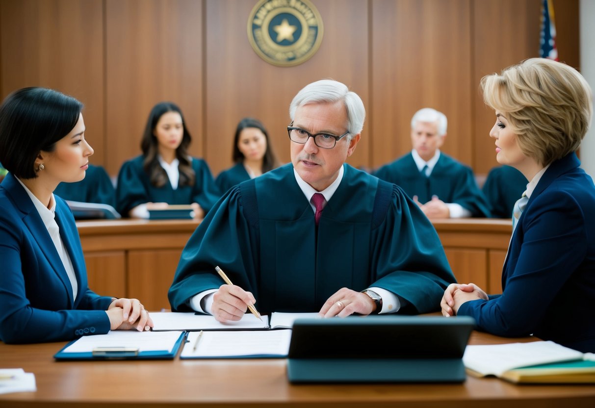 A courtroom with a judge presiding over a divorce case, with two individuals and their legal representatives present, discussing the division of assets