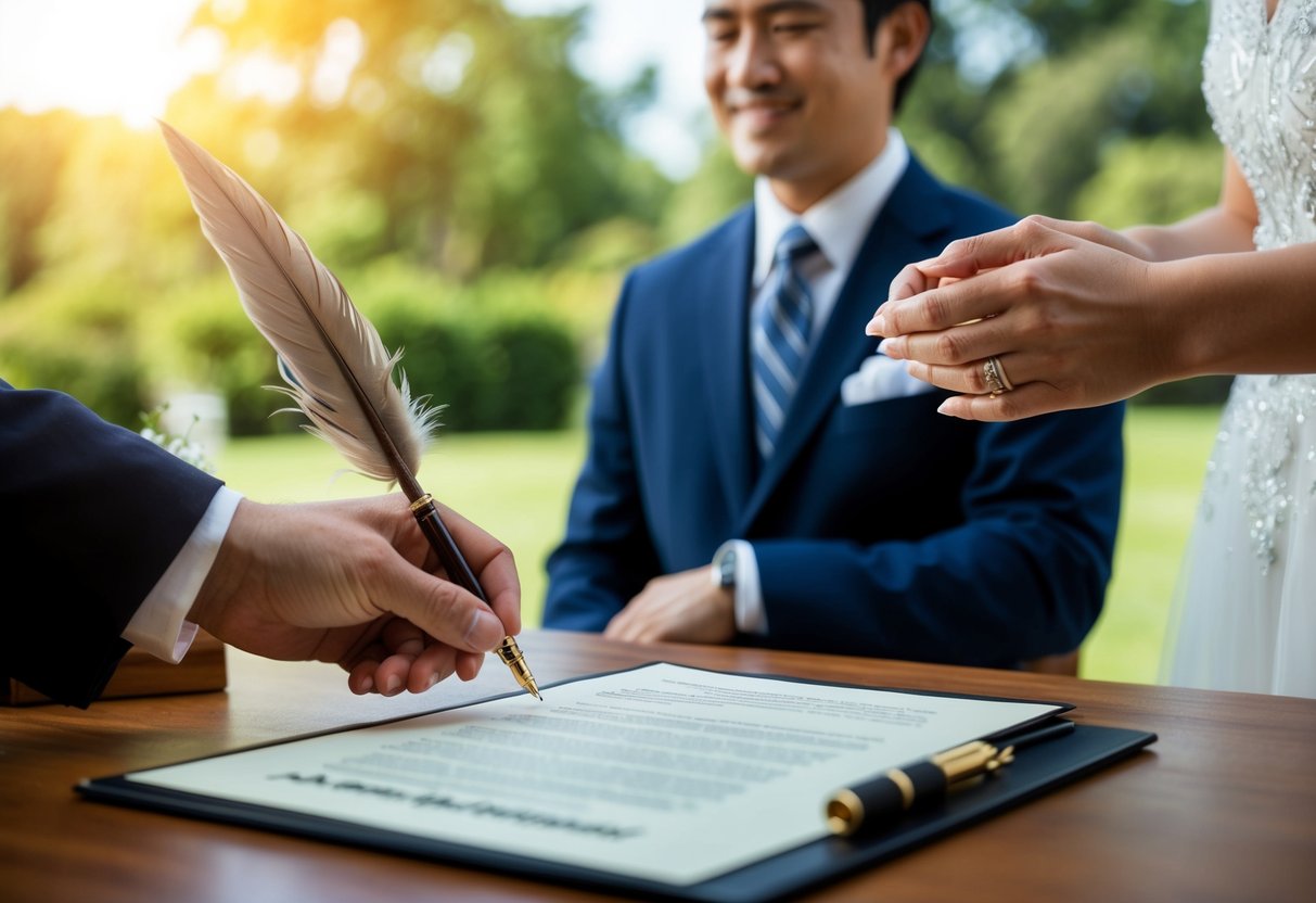 A judge signing a document with a quill pen while a couple stands nearby, exchanging rings