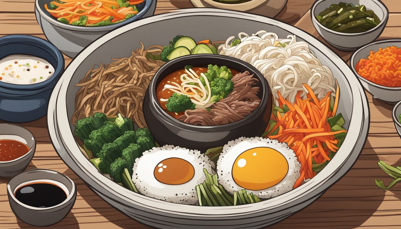 A steaming bowl of bibimbap sits on a wooden table, surrounded by small dishes of colorful pickled vegetables and spicy gochujang sauce