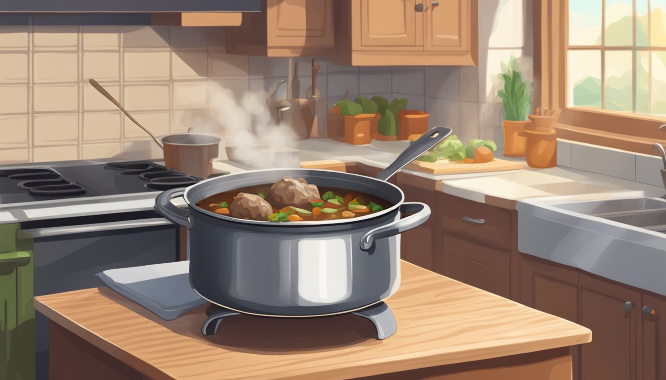 A pot of lamb stew sits on a stove, steam rising as it reheats. A wooden spoon rests on the counter nearby