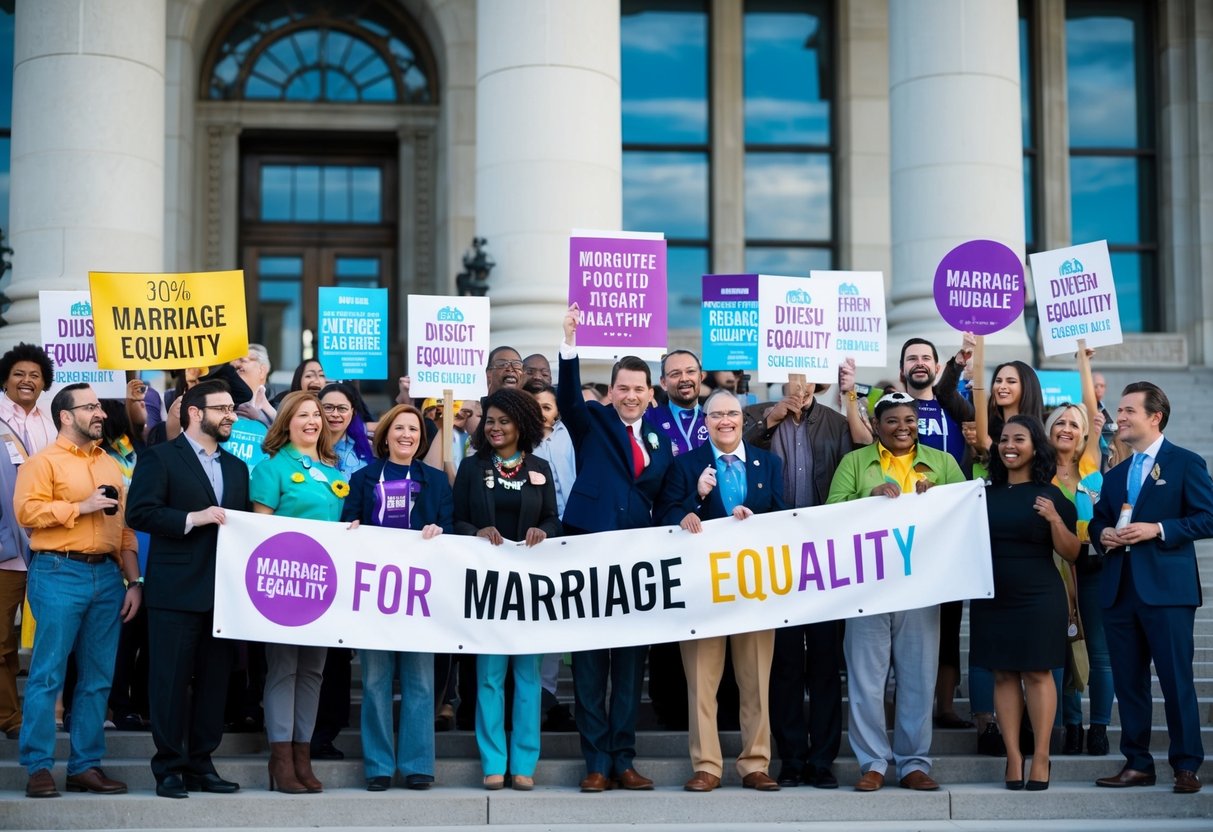A group of diverse individuals gather outside a government building, holding signs and banners advocating for marriage equality