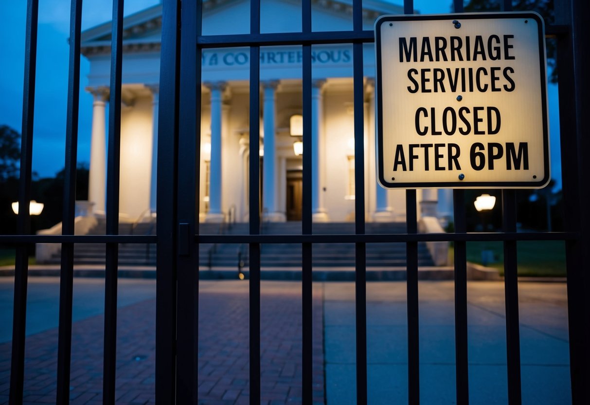 A dimly lit courthouse with closed gates and a sign reading "Marriage Services Closed After 6pm" prominently displayed