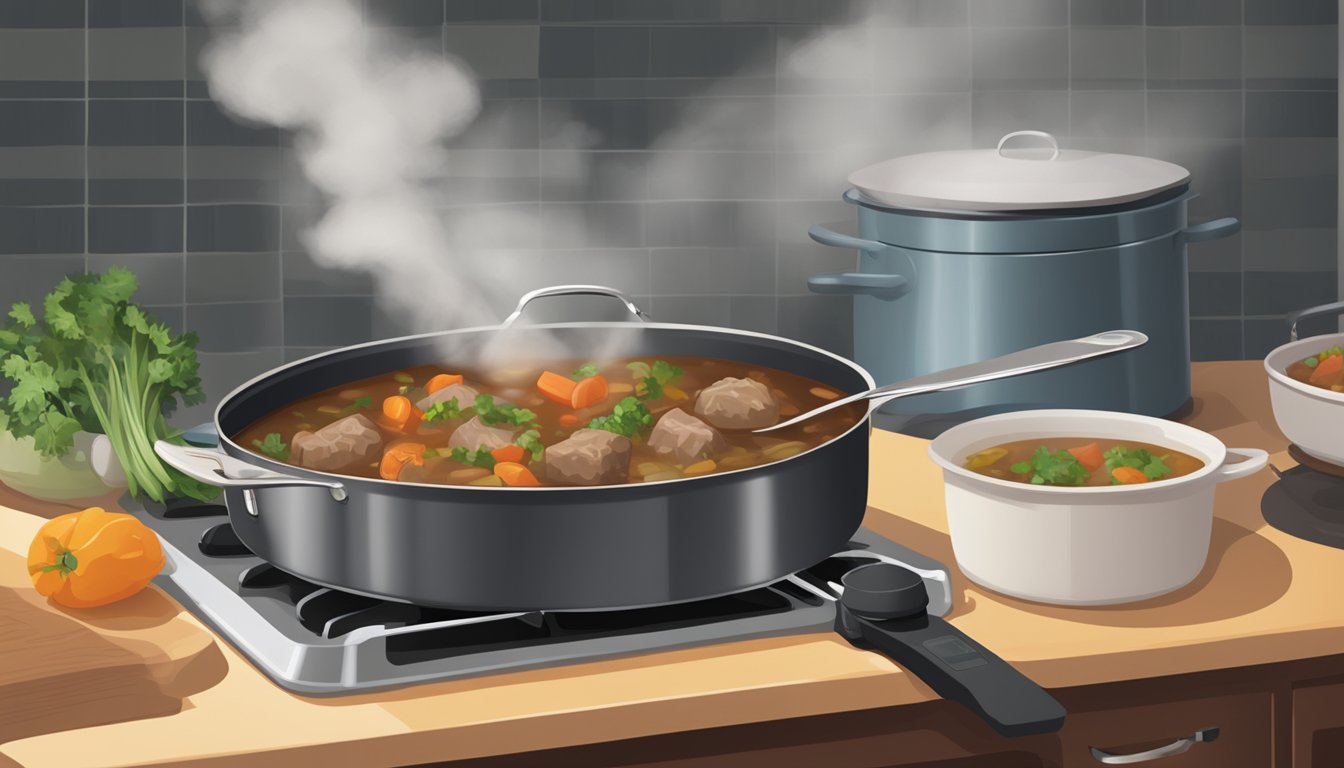 A pot of lamb stew sits on a stovetop, with steam rising and a ladle resting on the side