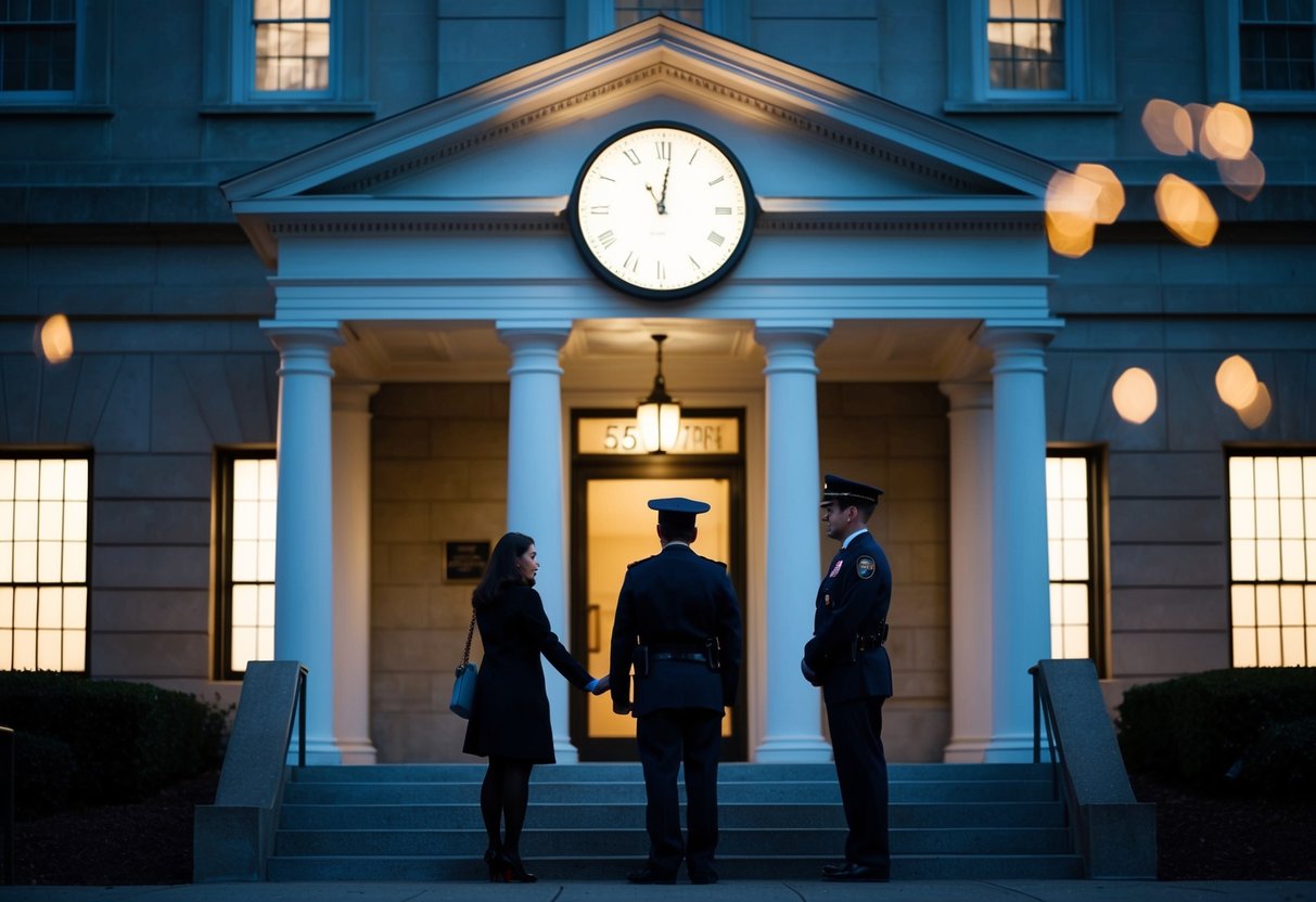 A dimly lit courthouse with a clock showing 5:55pm, a couple turned away by a stern official