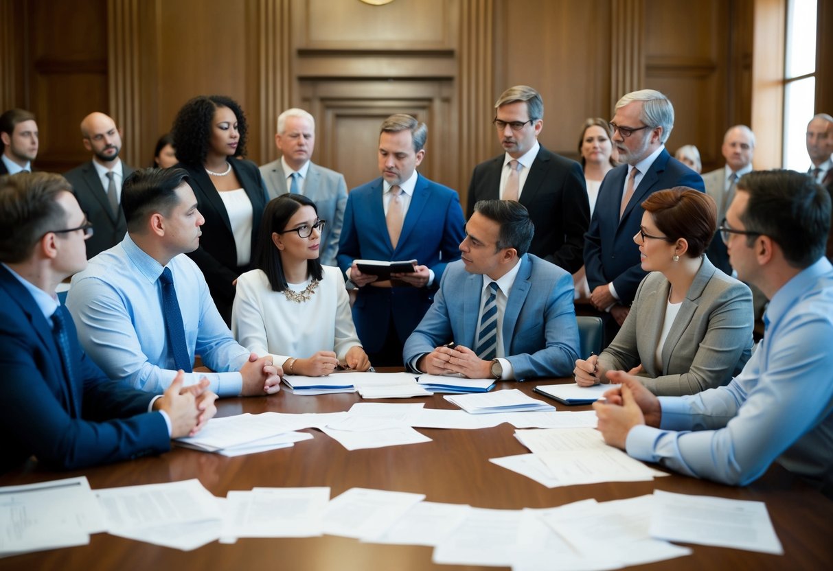 A group of people gathered in a courtroom, discussing and debating the implications of Marriage Act 44. Documents and legal papers are scattered on the table