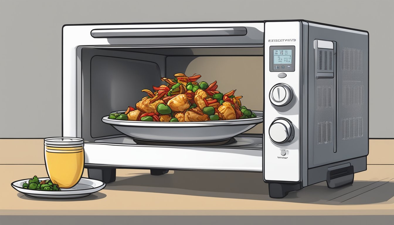 A microwave with a plate of kung pao chicken inside, steam rising as the dish reheats