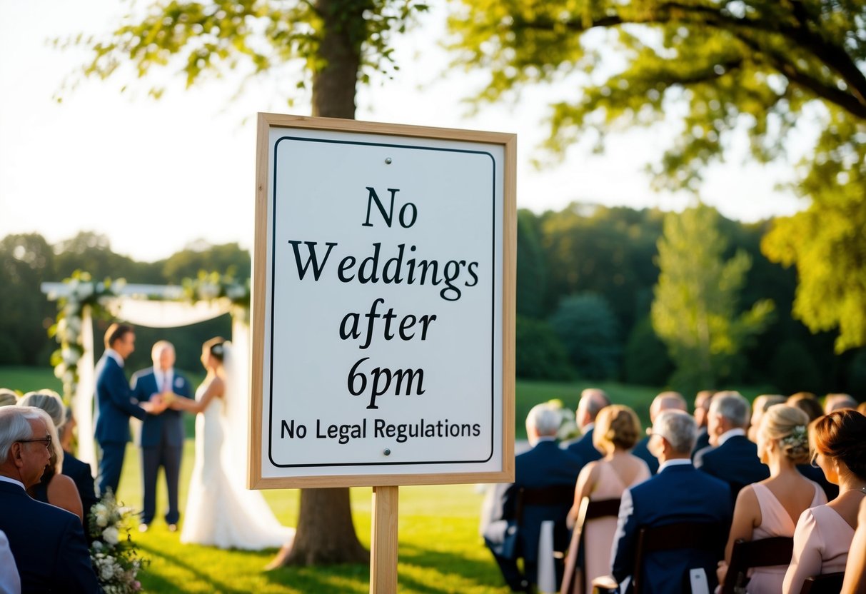A wedding ceremony taking place outdoors in the late afternoon, with a sign displaying "No weddings after 6pm" due to legal regulations