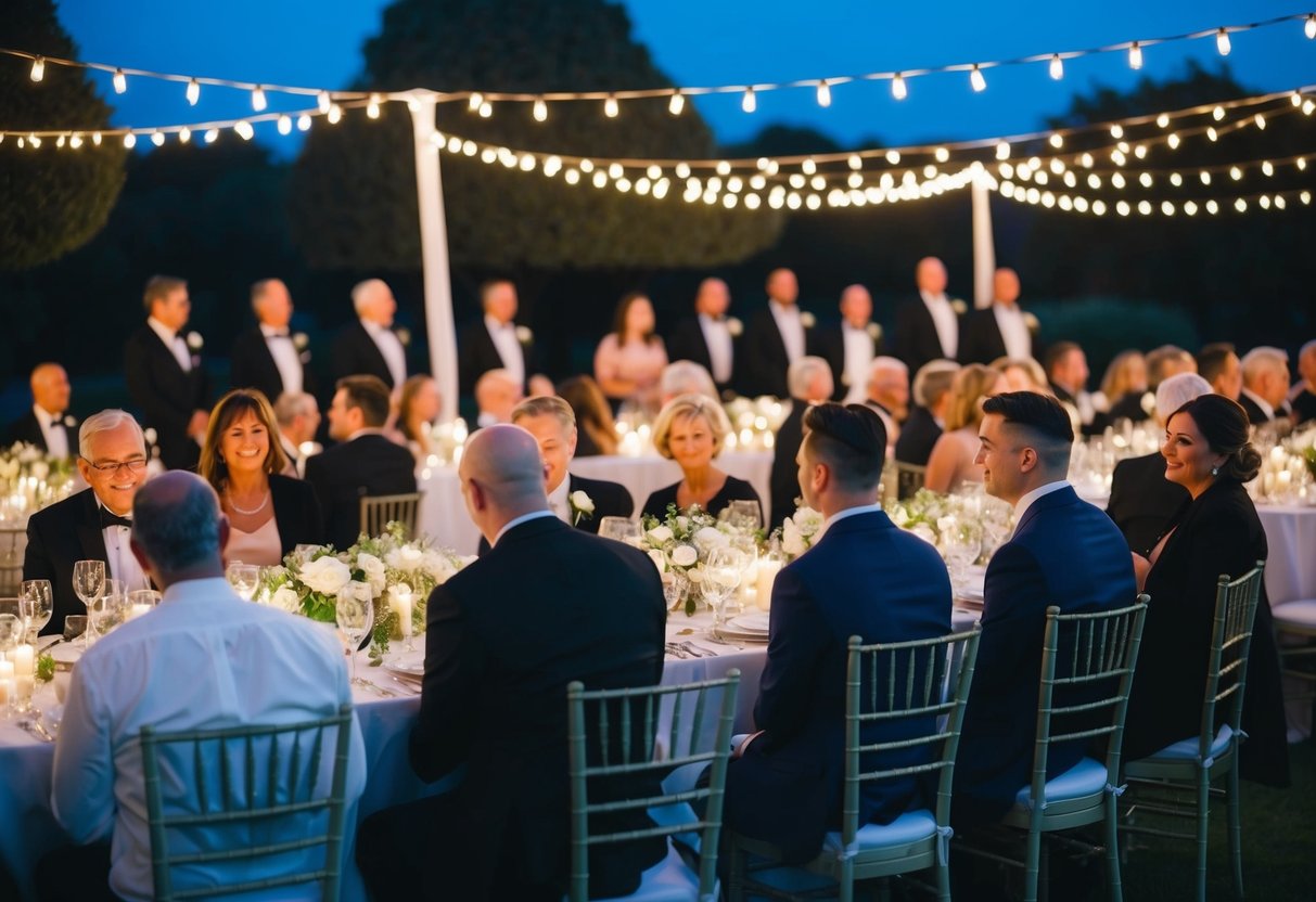 A dimly lit outdoor wedding reception with twinkling fairy lights, elegant table settings, and guests dressed in formal evening attire