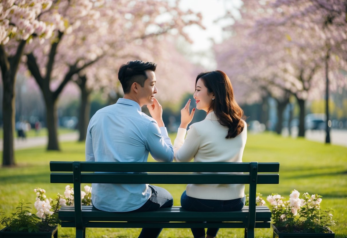 A couple sitting on a park bench, exchanging thoughtful gestures and listening attentively to each other, surrounded by blooming flowers and a peaceful atmosphere