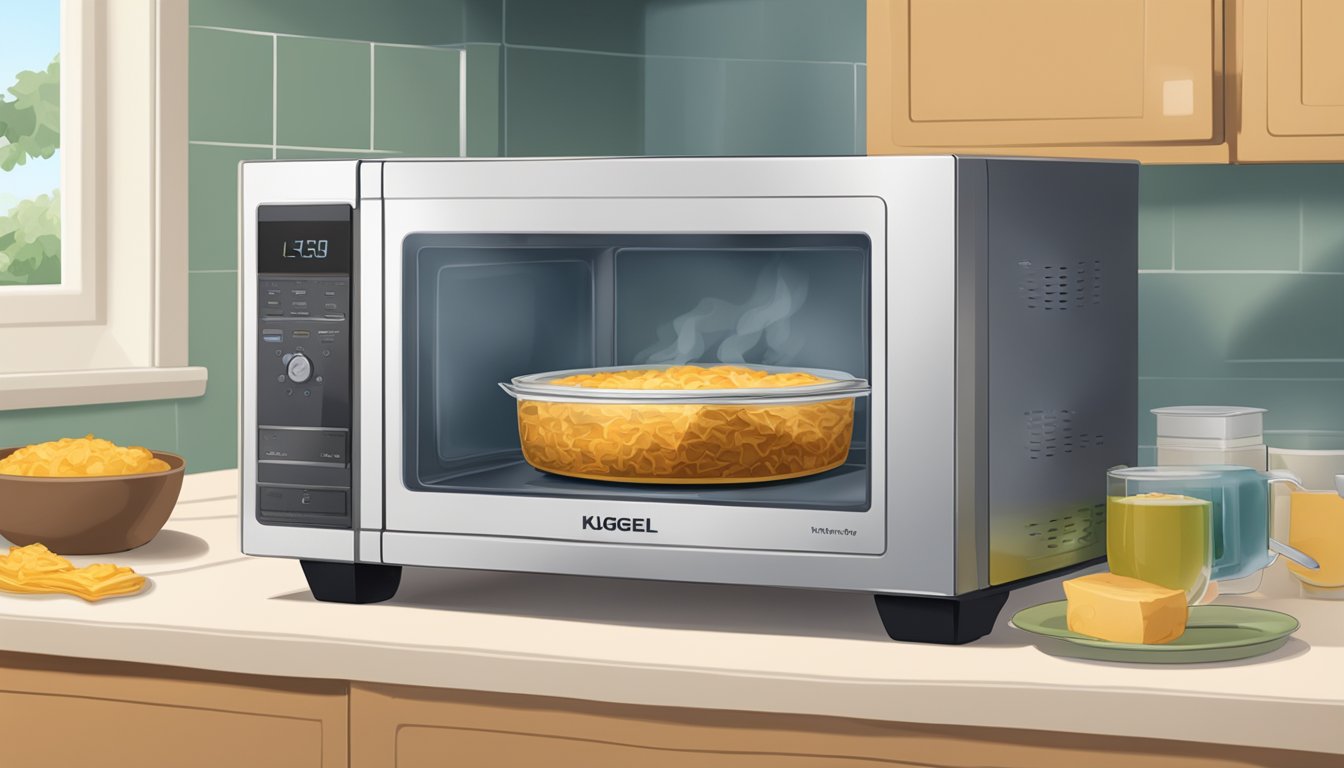 A steaming dish of kugel sits in a microwave, with the door closed and the timer set to reheat