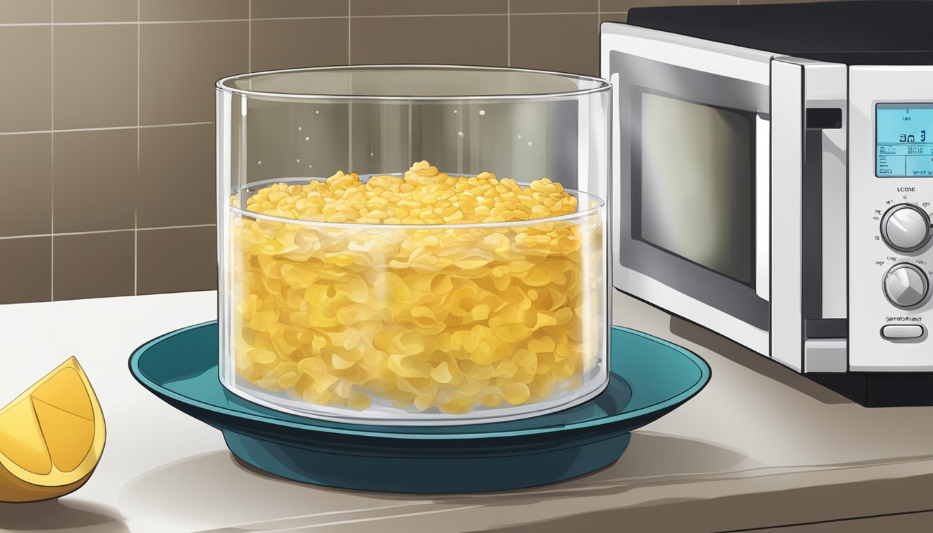 A kugel dish being placed in a microwave next to a glass of water, with a microwave-safe cover placed on top