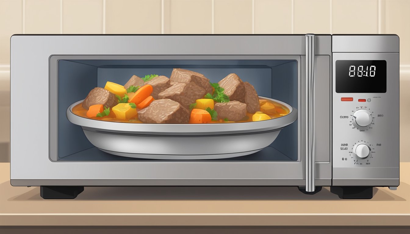 A bowl of lamb stew is placed in a microwave, the timer is set, and the stew is heated until steaming