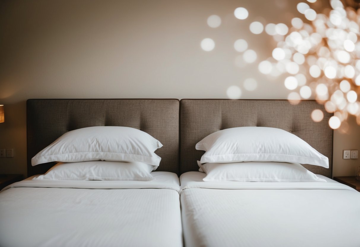 A cozy bedroom with a large, comfortable bed and two pillows side by side