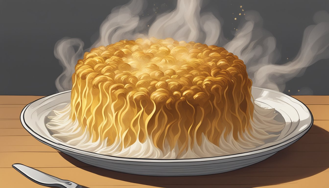 A golden-brown kugel sits in a ceramic dish inside a preheated oven, with wisps of steam rising from its surface