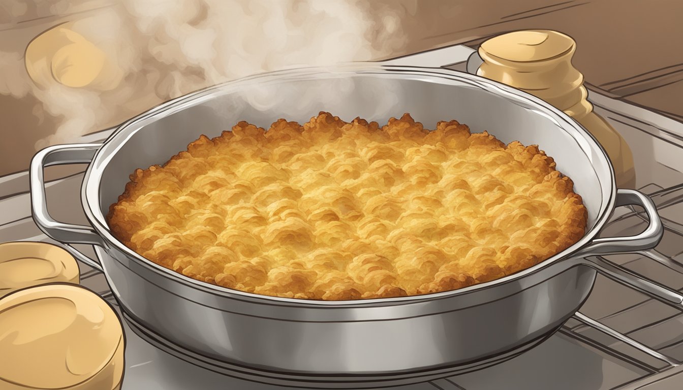 A steaming dish of kugel being taken out of the oven, with a golden brown crust on top and the aroma of cinnamon and nutmeg filling the air